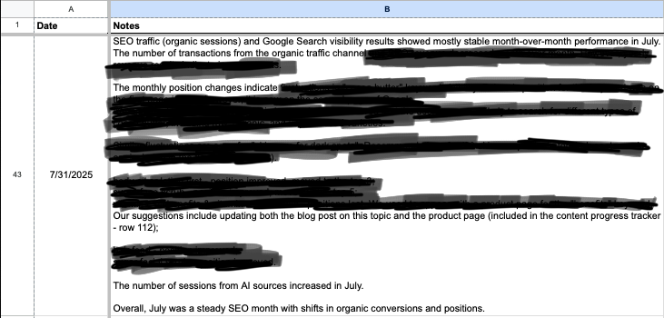 A screenshot (with some text redacted) showing a plain language summary of a monthly SEO report in Google Sheets which is connected to Looker Studio